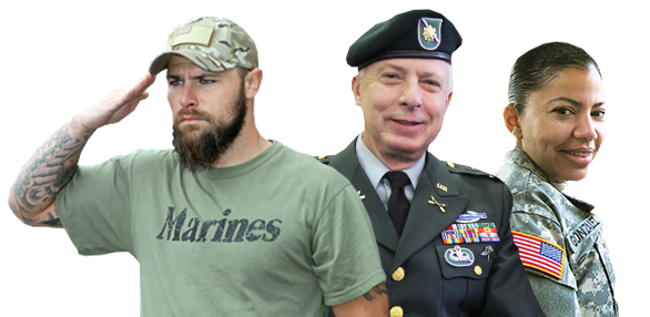 A Marine saluting standing next to two smiling Army soldiers